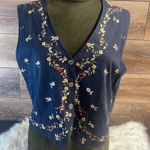 Vintage Embroidered Ladies Vest, Navy Blue with multicolored flowers